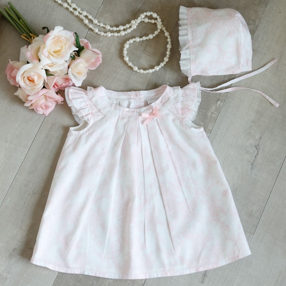 SALE-Baby Girl Ivory & Pink Dress with Bonnet Shabby Chic Boutique 6 Months NWOT